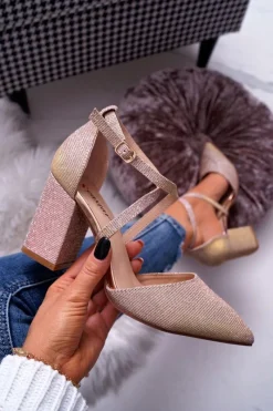 Boto Czółenka Damskie Na Słupku Brokatowe Champagne Perset