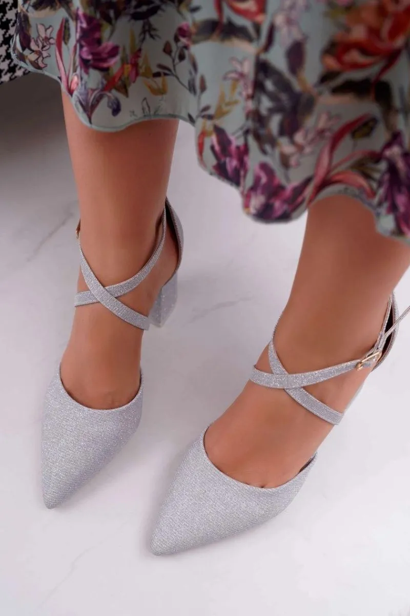 Czółenka Na Słupku>Boto Czółenka Damskie Na Słupku Brokatowe Srebrne Perset