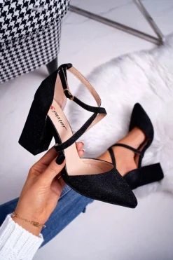 Online Boto Czółenka Damskie Na Słupku Brokatowe Czarne Trever