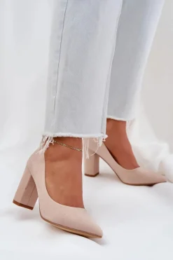 Outlet Boto Czółenka Damskie Na Słupku Eko Zamszowe Beżowe Florena Beżowy