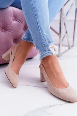 New Czółenka Damskie Na Słupku Galanterki Sergio Leone SK788 Beżowe Lati Damskie Czółenka Zamszowe|Czółenka Na Słupku