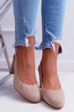 New Czółenka Damskie Na Słupku Galanterki Sergio Leone SK788 Beżowe Lati Damskie Czółenka Zamszowe|Czółenka Na Słupku