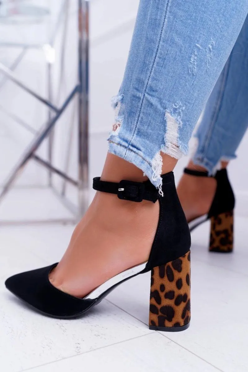 New Boto Czółenka Damskie Na Słupku Panterki Czarne Ferri