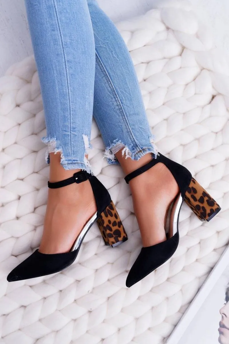 New Boto Czółenka Damskie Na Słupku Panterki Czarne Ferri