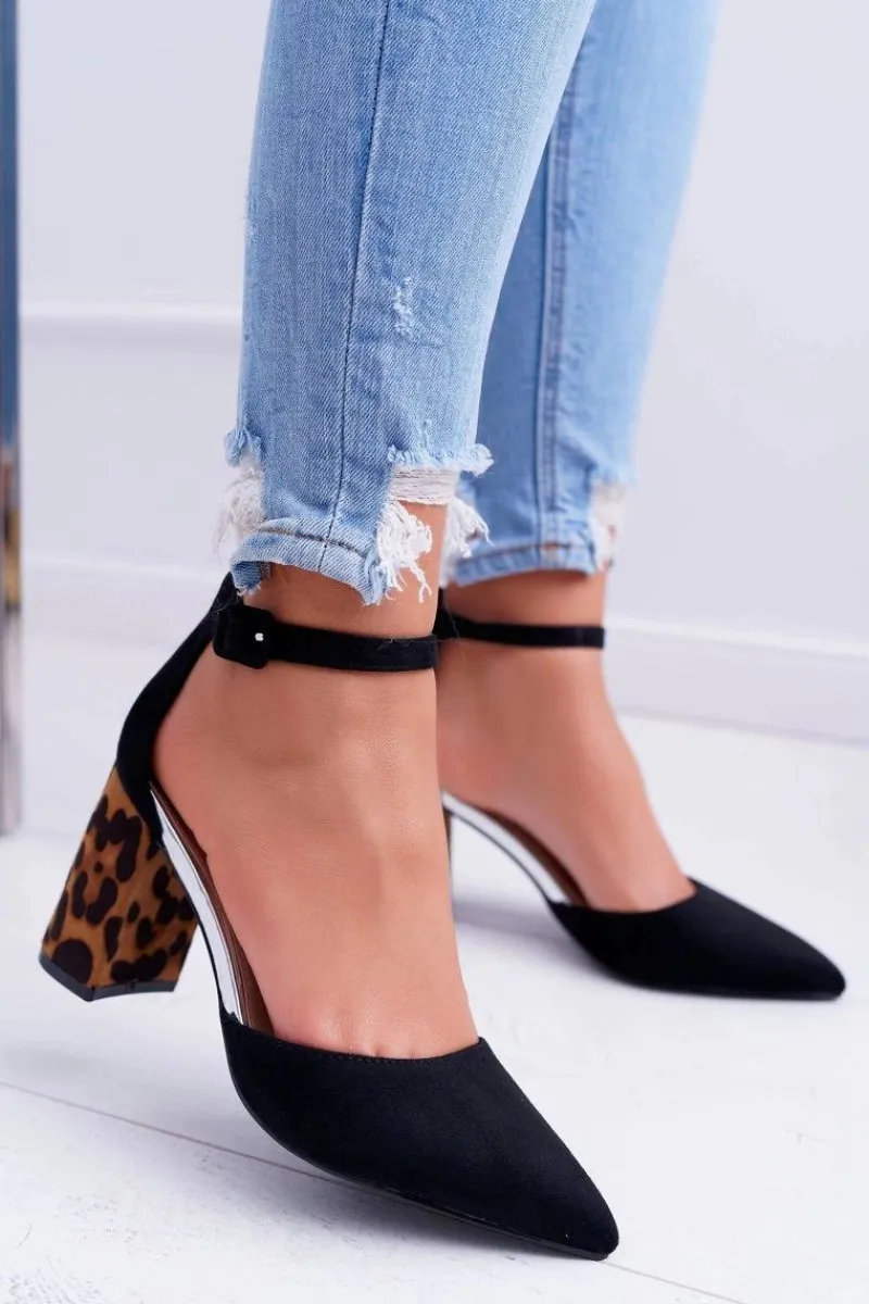 New Boto Czółenka Damskie Na Słupku Panterki Czarne Ferri