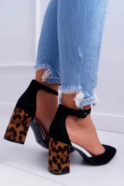 New Boto Czółenka Damskie Na Słupku Panterki Czarne Ferri