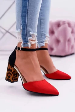 Czółenka Zamszowe|Czółenka Na Słupku>Boto Czółenka Damskie Na Słupku Panterki Czerwone Ferri