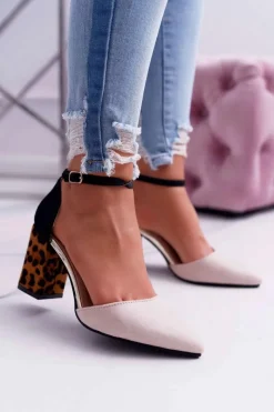 Sale Boto Czółenka Damskie Na Słupku Panterki Beżowe Ferri