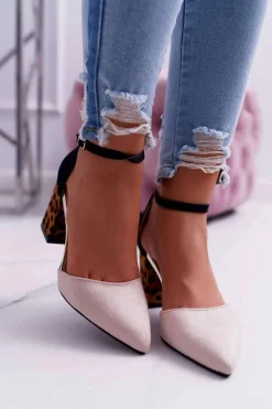 Sale Boto Czółenka Damskie Na Słupku Panterki Beżowe Ferri