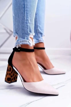 Hot Boto Czółenka Damskie Na Słupku Panterki Beżowe Ferri