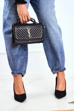 Clearance Czółenka Damskie Na Słupku Sergio Leone Czarne PB216 Damskie Czółenka Zamszowe|Czółenka Na Słupku