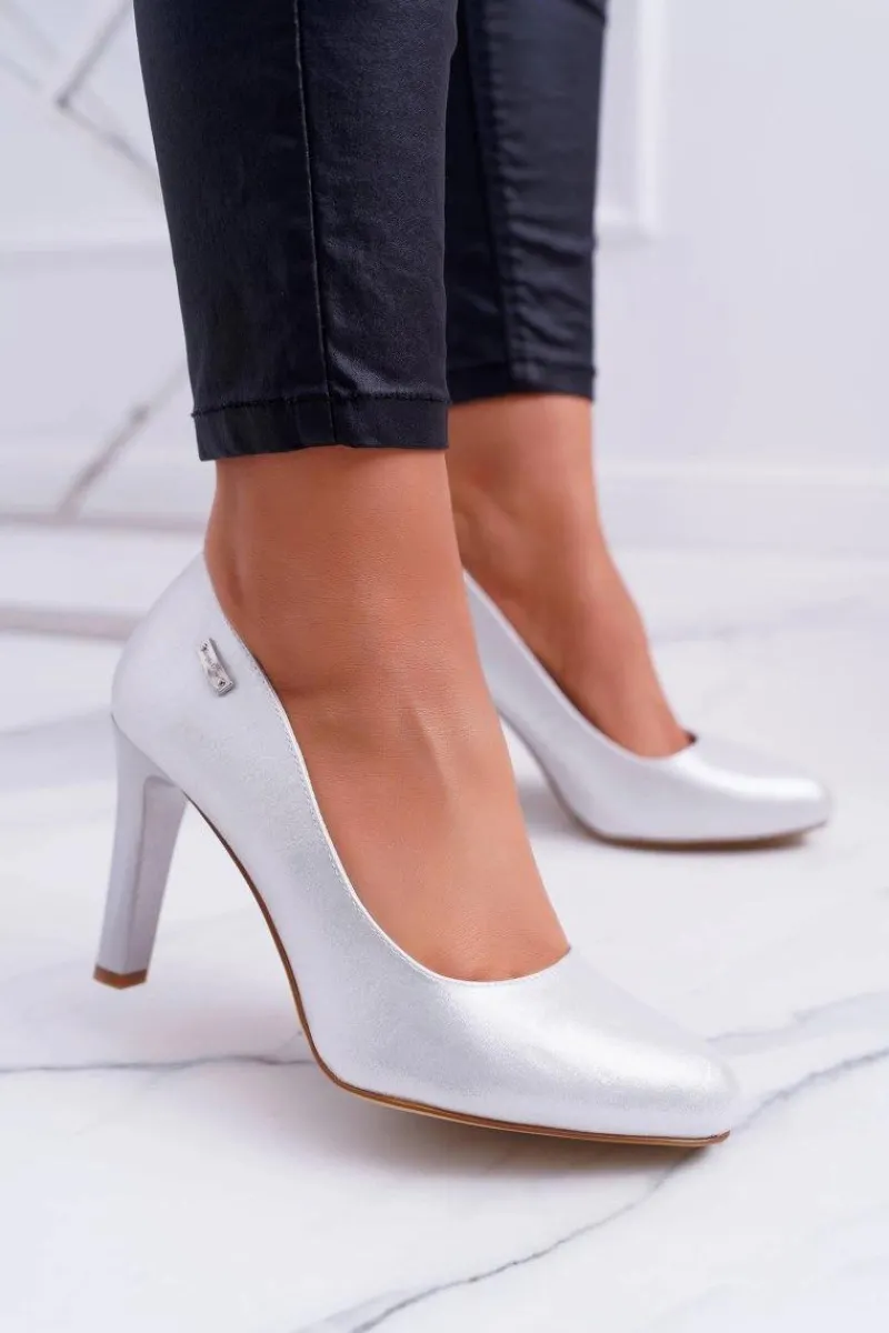 Czółenka Na Słupku|Czółenka Klasyczne>Buty Sergio Leone Czółenka Damskie Na Słupku Sergio Leone 1457 Srebrne Campbell