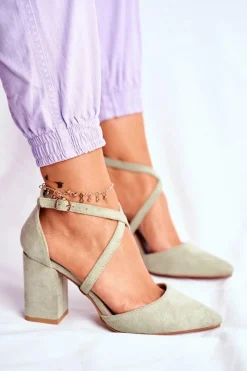 Hot Czółenka Damskie Na Słupku W Szpic Zielone Traffic Damskie Czółenka Zamszowe|Czółenka Na Słupku