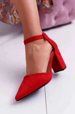 Hot Czółenka Damskie Na Słupku W Szpic Czerwone Elegante Damskie Czółenka Zamszowe|Czółenka Na Słupku