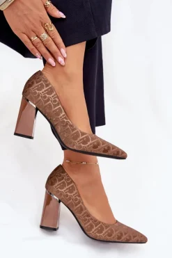 Outlet Czółenka Damskie Na Słupku Z Ozdobnym Tłoczeniem Vinceza 62254 Brązowe Damskie Czółenka Na Słupku|Czółenka Klasyczne