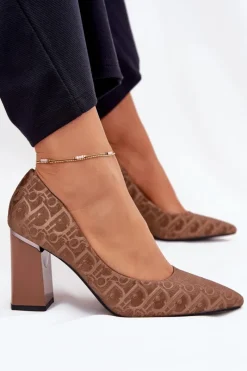 Outlet Czółenka Damskie Na Słupku Z Ozdobnym Tłoczeniem Vinceza 62254 Brązowe Damskie Czółenka Na Słupku|Czółenka Klasyczne