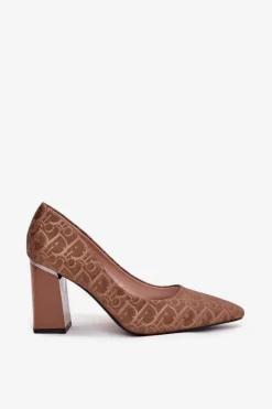 Outlet Czółenka Damskie Na Słupku Z Ozdobnym Tłoczeniem Vinceza 62254 Brązowe Damskie Czółenka Na Słupku|Czółenka Klasyczne