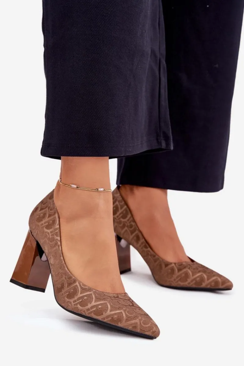 Outlet Czółenka Damskie Na Słupku Z Ozdobnym Tłoczeniem Vinceza 62254 Brązowe Damskie Czółenka Na Słupku|Czółenka Klasyczne