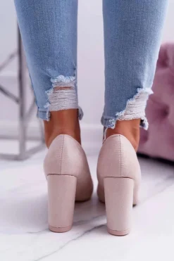 Clearance Boto Czółenka Damskie Na Słupku Zamszowe Beżowe Raspberry