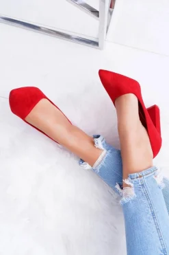 Clearance Boto Czółenka Damskie Na Słupku Zamszowe Czerwone Strawberry