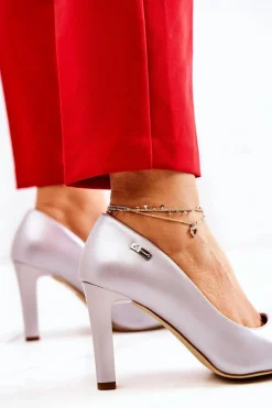 Czółenka Na Słupku|Czółenka Klasyczne>Buty Sergio Leone Czółenka Damskie Perłowe Na Słupku Sergio Leone Srebrne Campbell