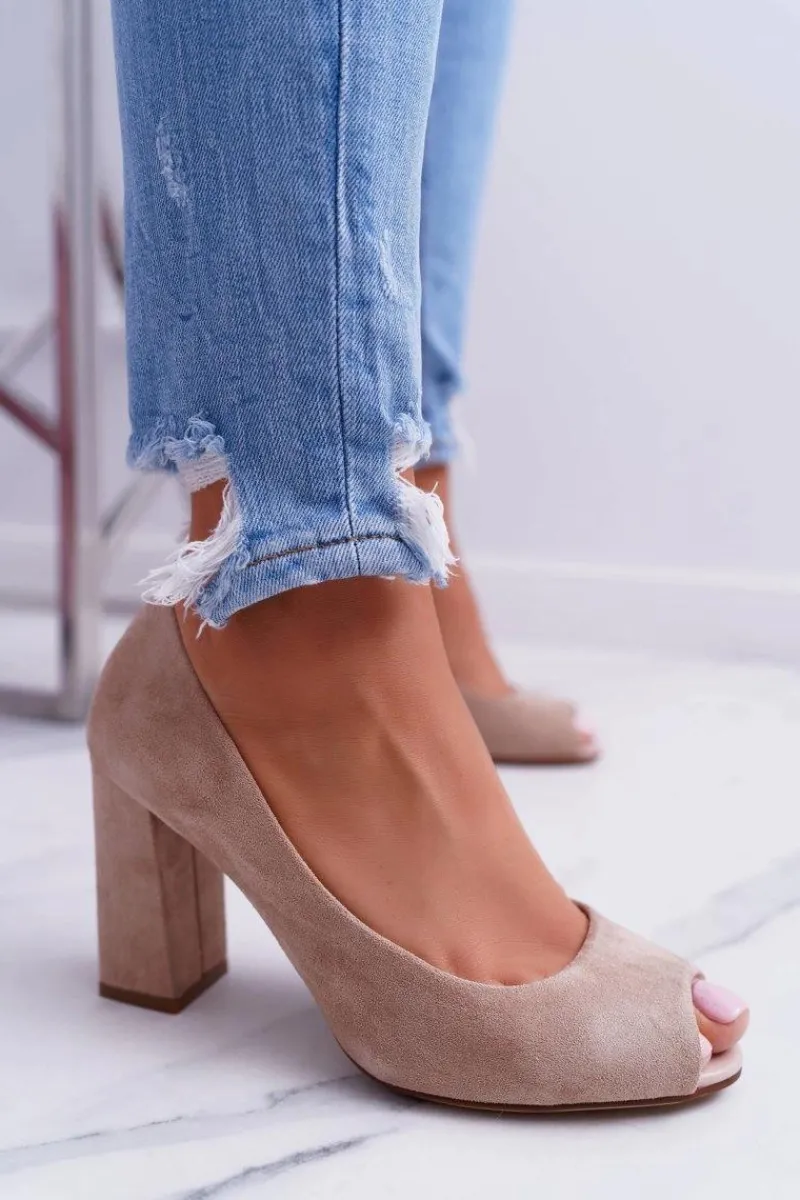 Sale Czółenka Damskie Sergio Leone Odkryte Palce PB133 Beżowe Fani Damskie Czółenka Zamszowe|Czółenka Na Słupku