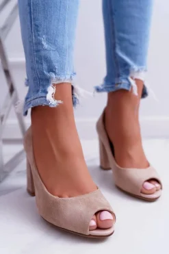 Sale Czółenka Damskie Sergio Leone Odkryte Palce PB133 Beżowe Fani Damskie Czółenka Zamszowe|Czółenka Na Słupku