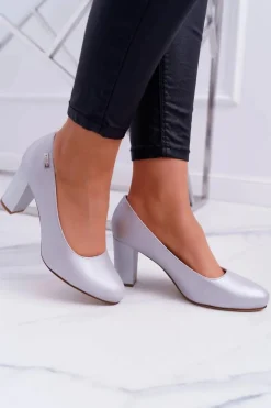 Czółenka Damskie Sergio Leone PB130 Srebrna Perła Amber Damskie Czółenka Na Słupku|Czółenka Klasyczne