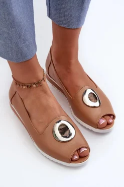 Outlet Czółenka Damskie Z Ozdobą Eko Skórzane Ciemnobeżowe Biolita Damskie Czółenka Na Platformie|Czółenka Klasyczne