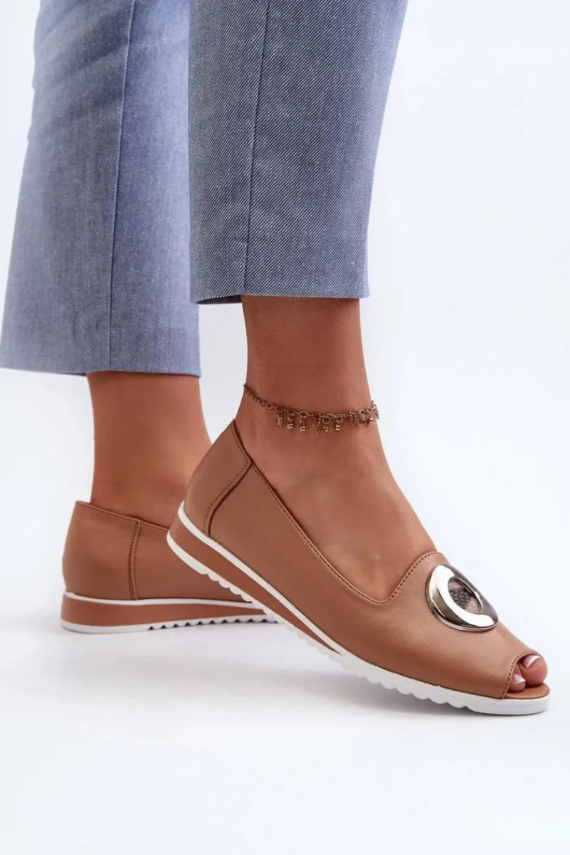 Outlet Czółenka Damskie Z Ozdobą Eko Skórzane Ciemnobeżowe Biolita Damskie Czółenka Na Platformie|Czółenka Klasyczne