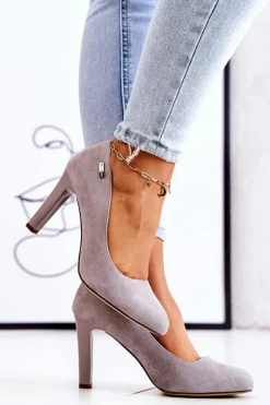 New Czółenka Damskie Zamszowe Na Słupku Sergio Leone Szare Campbell Damskie Czółenka Zamszowe|Czółenka Na Słupku