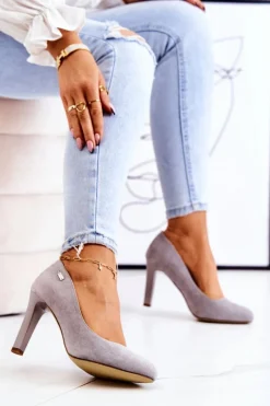 New Czółenka Damskie Zamszowe Na Słupku Sergio Leone Szare Campbell Damskie Czółenka Zamszowe|Czółenka Na Słupku