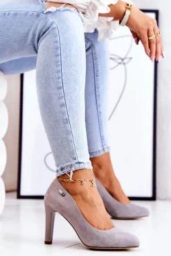 New Czółenka Damskie Zamszowe Na Słupku Sergio Leone Szare Campbell Damskie Czółenka Zamszowe|Czółenka Na Słupku