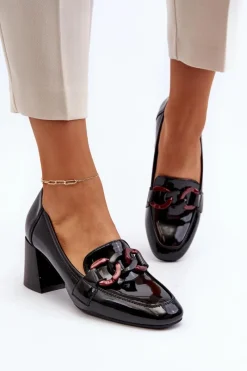 Hot Czółenka Lakierowane Z Łańcuchem Czarne Paliotte Damskie Czółenka Na Słupku|Czółenka Klasyczne