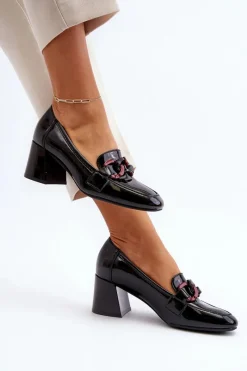 Hot Czółenka Lakierowane Z Łańcuchem Czarne Paliotte Damskie Czółenka Na Słupku|Czółenka Klasyczne