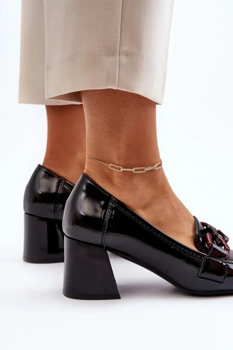 Hot Czółenka Lakierowane Z Łańcuchem Czarne Paliotte Damskie Czółenka Na Słupku|Czółenka Klasyczne