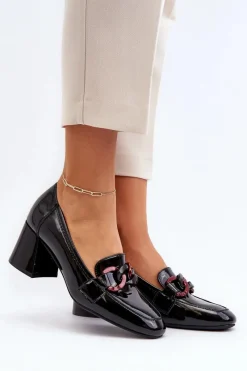 Hot Czółenka Lakierowane Z Łańcuchem Czarne Paliotte Damskie Czółenka Na Słupku|Czółenka Klasyczne