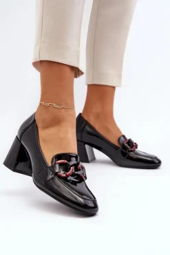 Hot Czółenka Lakierowane Z Łańcuchem Czarne Paliotte Damskie Czółenka Na Słupku|Czółenka Klasyczne