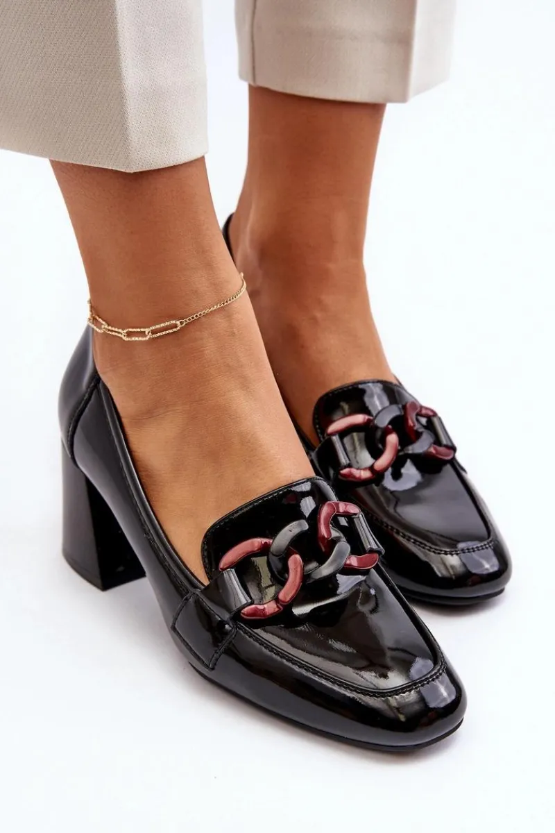 Hot Czółenka Lakierowane Z Łańcuchem Czarne Paliotte Damskie Czółenka Na Słupku|Czółenka Klasyczne
