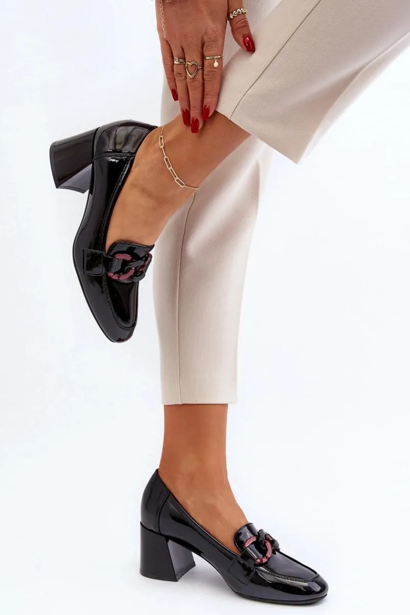 Hot Czółenka Lakierowane Z Łańcuchem Czarne Paliotte Damskie Czółenka Na Słupku|Czółenka Klasyczne