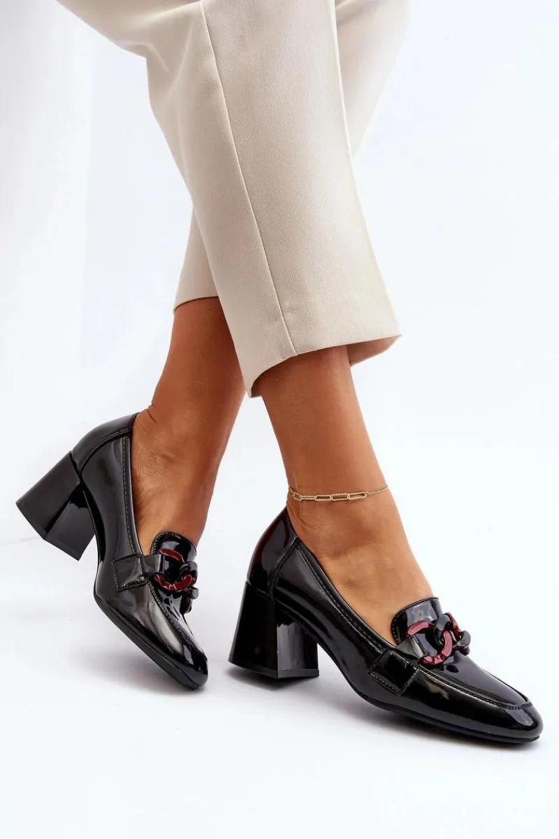 Hot Czółenka Lakierowane Z Łańcuchem Czarne Paliotte Damskie Czółenka Na Słupku|Czółenka Klasyczne