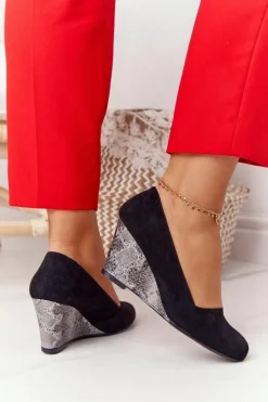 Clearance Czółenka Na Koturnie Sergio Leone PB767 Wężowe Czarne Damskie Czółenka Zamszowe|Czółenka Klasyczne