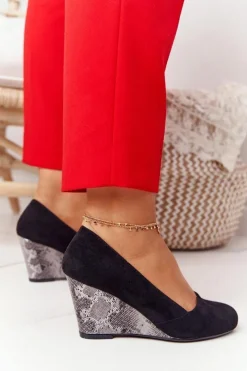 Clearance Czółenka Na Koturnie Sergio Leone PB767 Wężowe Czarne Damskie Czółenka Zamszowe|Czółenka Klasyczne