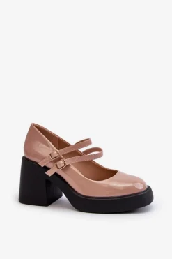 Clearance Boto Czółenka Na Masywnym Obcasie Lakierowane Ciemnobeżowe Halmina