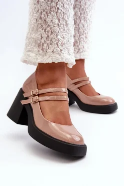 Clearance Boto Czółenka Na Masywnym Obcasie Lakierowane Ciemnobeżowe Halmina