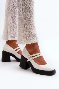 Hot Czółenka Na Masywnym Obcasie Lakierowane Białe Halmina Damskie Czółenka Na Platformie|Czółenka Na Słupku