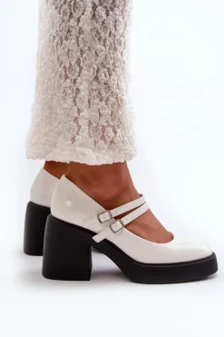 Hot Czółenka Na Masywnym Obcasie Lakierowane Białe Halmina Damskie Czółenka Na Platformie|Czółenka Na Słupku