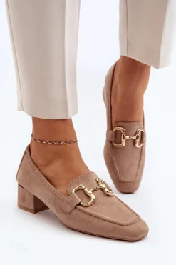 Czółenka Zamszowe|Czółenka Klasyczne>Boto Czółenka Na Niskim Obcasie Klocku Z Ozdobą Beżowe Dolvira