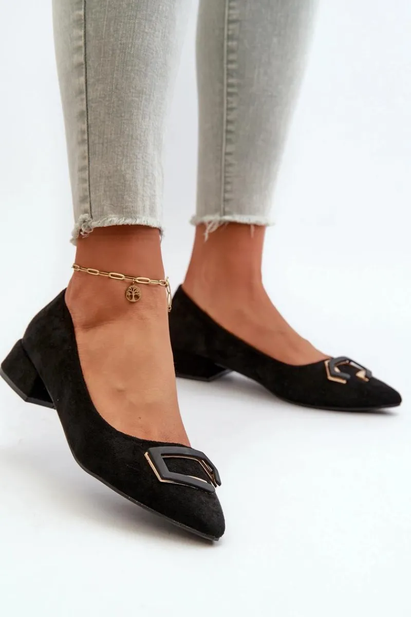 Discount Czółenka Na Niskim Obcasie Z Ozdobą Eko Zamszowe S.Barski KV27-034 Czarne Damskie Czółenka Klasyczne