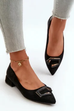 Discount Czółenka Na Niskim Obcasie Z Ozdobą Eko Zamszowe S.Barski KV27-034 Czarne Damskie Czółenka Klasyczne